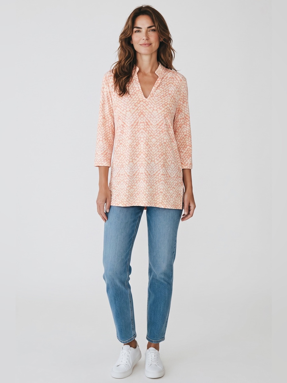 Michelle Parisou 3/4 Sleeve Tunic // Orange & Pink // Medium